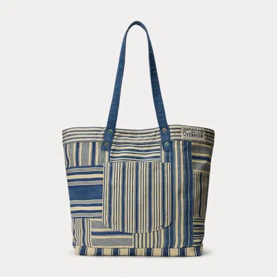 Double Rl Indigo Striped Patchwork Tote In Indigo/cream