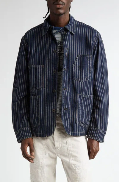 Double Rl Johnston Stripe Cotton Twill Engineer Coat In Indigo Rinse