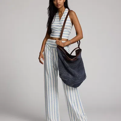 Double Rl Leather-trim Handwoven Indigo Tote In Indigo/brown