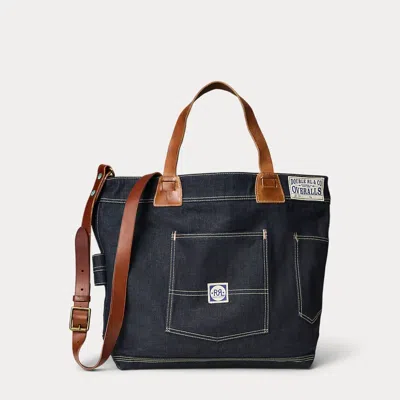 Double Rl Leather-trim Indigo Denim Tote In Indigo/brown