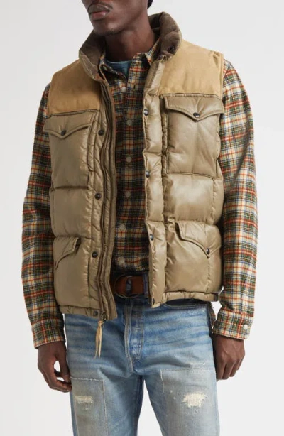 Double Rl Leather Yoke Recycled Nylon Ripstop Puffer Vest In Green