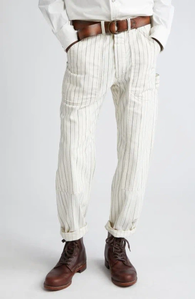 Double Rl Moore Pinstripe Herringbone Carpenter Trousers In Off White/ Black