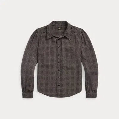 Double Rl Ombré Plaid Crinkled Cotton Blouse In Black/charcoal