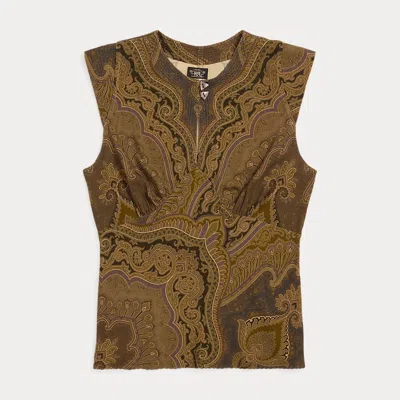 Double Rl Paisley Twill Bias-cut Blouse In Brown/multi