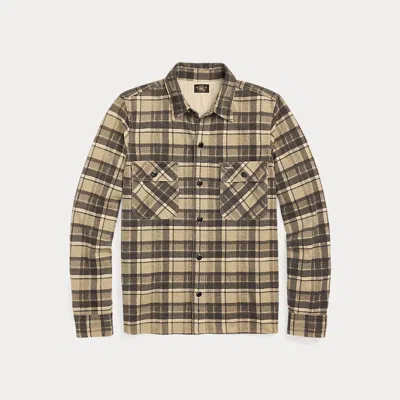 Double Rl Plaid Linen-cotton Jersey Workshirt In Tan/black