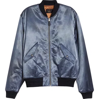 Double Rl Quilted Embroidered Satin Flight Jacket In Blue