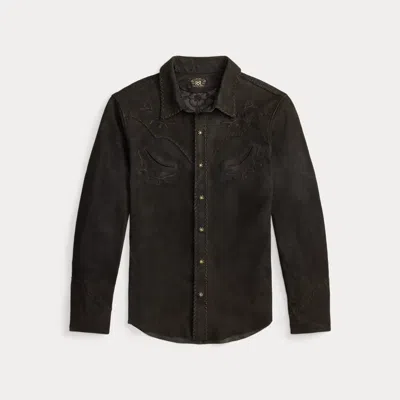 Double Rl Ralph Lauren Embroidered Suede Western Shirt In Black