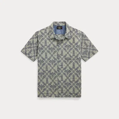 Double Rl Ralph Lauren Indigo Jacquard Denim Camp Shirt In Brown