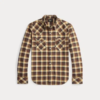 Double Rl Ralph Lauren Slim Fit Plaid Twill Western Shirt In Brown