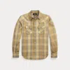 Double Rl Ralph Lauren Slim Fit Plaid Western Shirt In Brown