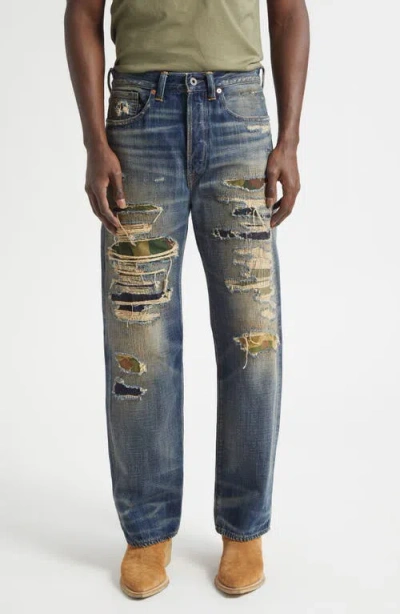 Double Rl Relaxed Fit Ripped & Repaired Straight Leg Jeans In Blue