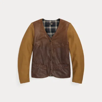 Double Rl Sateen-sleeve Leather Jacket In Antique Brown/honey