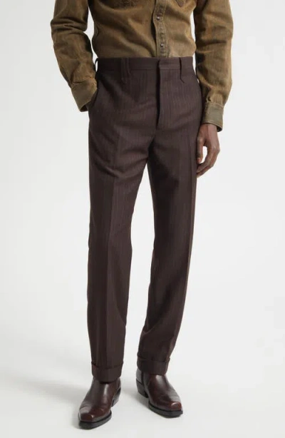 Double Rl Slim Fit Pinstripe Wool Flannel Western Straight Leg Pants In Brown