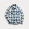 Double Rl Slim Fit Plaid Twill Western Shirt In Indigo/cream