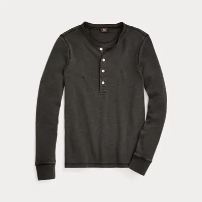 Double Rl Stretch Cotton Jacquard Waffle Henley In Faded Black