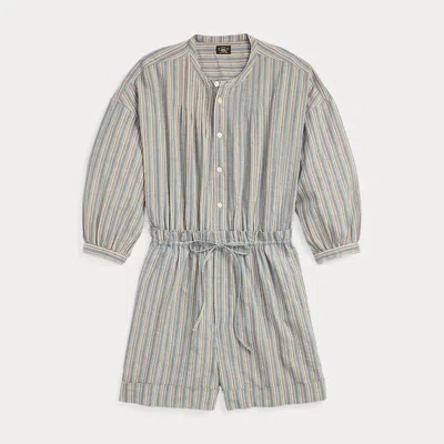 Double Rl Striped Cotton-linen Short Coverall In Blue/multi