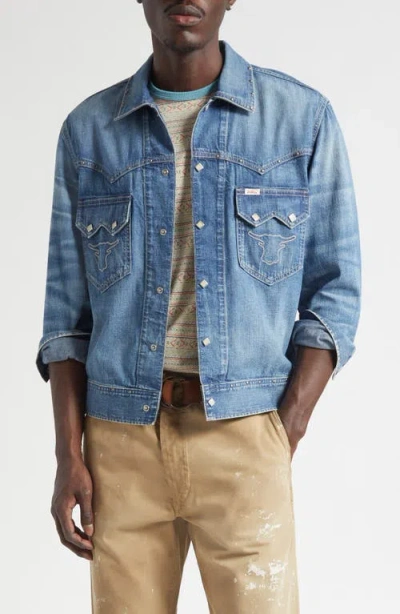 Double Rl Studded Denim Snap-up Shirt Jacket In Blue
