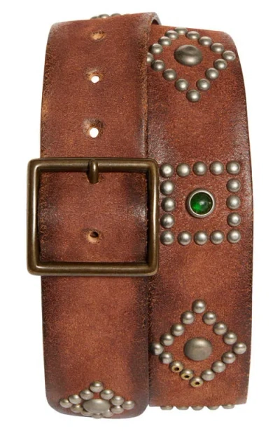 Double Rl Studded Roughout Leather Belt In Brown