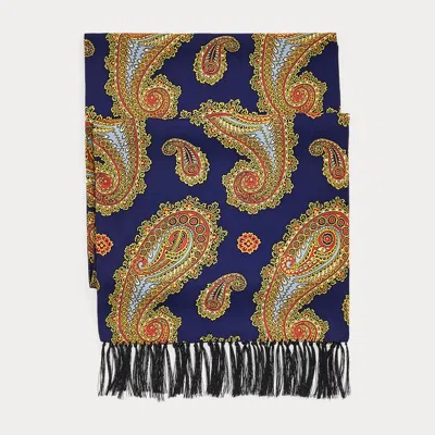 Double Rl Tasseled Paisley-print Scarf In Blue