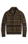 Double Rl Textured Stripe Cowl Neck Wool & Cotton Cardigan In Black