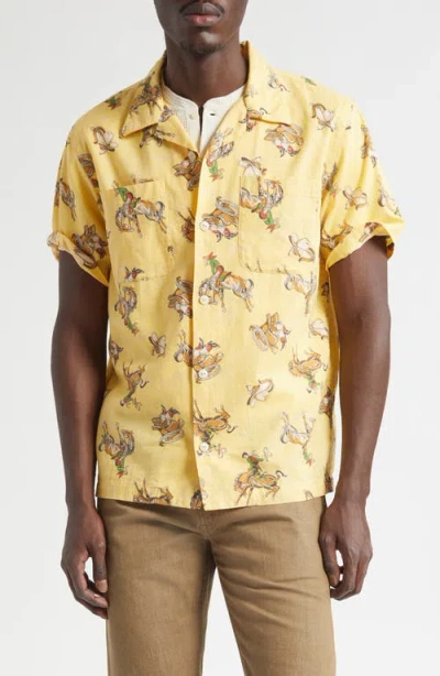 Double Rl Western Print Linen & Cotton Blend Camp Shirt In Yellow