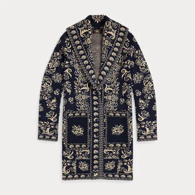 Double Rl Wool-cotton Jacquard Duster Cardigan In Navy/cream