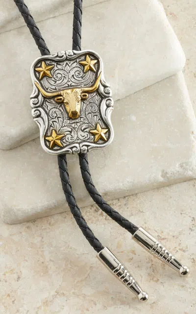 Double S M&f Western Products Antiqued Silver With Gold Longhorn & Stars Bolo In Black