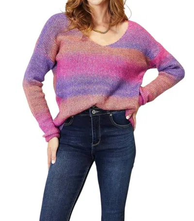 Double Take Chic Ribbed V-neck Pullover Sweater In Purple