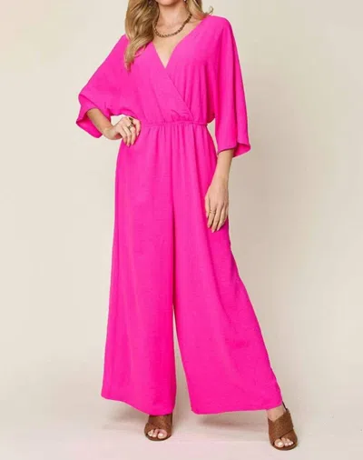 Double Take Chic Surplice Wide Leg Jumpsuit In Hot Pink