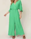 Double Take Chic Surplice Wide Leg Jumpsuit In Mid Green In Multi