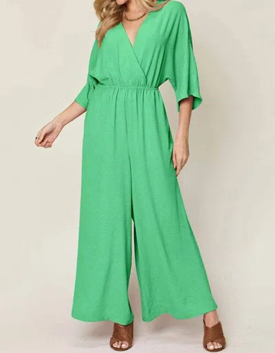 Double Take Chic Surplice Wide Leg Jumpsuit In Mid Green In Multi