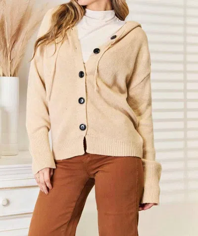 Double Take Cozy Hooded Sweater With Buttons In Tan In Multi