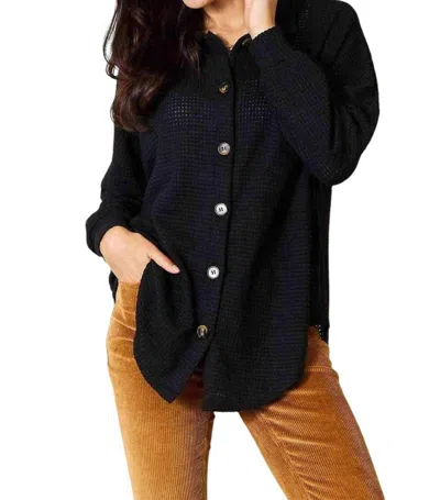 Double Take Elegant Waffle-knit Collared Shirt In Black