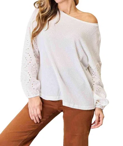 Double Take Eyelet Elegance Drop Shoulder Blouse In White