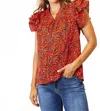Double Take Floral Flutter Sleeve Notched Neck Blouse In Orange-red