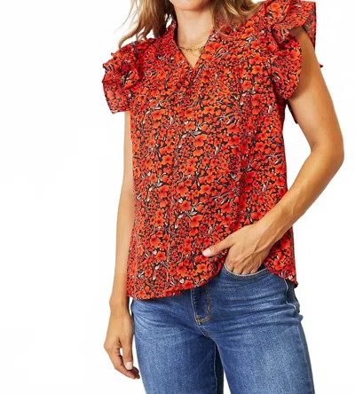 Double Take Floral Flutter Sleeve Notched Neck Blouse In Orange-red