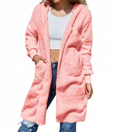 Double Take Full Size Hooded Teddy Bear Jacket With Thumbholes In Coral In Pink