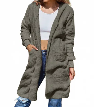 Double Take Full Size Hooded Teddy Bear Jacket With Thumbholes In Dark Gray