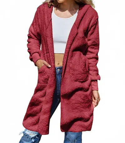 Double Take Full Size Hooded Teddy Bear Jacket With Thumbholes In Deep Red