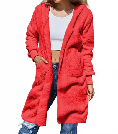 Double Take Full Size Hooded Teddy Bear Jacket With Thumbholes In Red