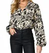 Double Take Full Size Printed Ruffle Trim Balloon Sleeve Shirt In Black