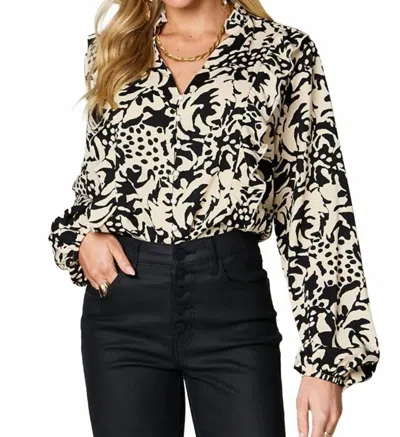 Double Take Full Size Printed Ruffle Trim Balloon Sleeve Shirt In Black