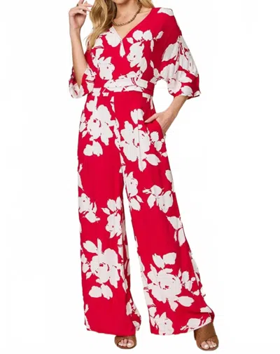 Double Take Full Size Printed Tie Back Wide Leg Jumpsuit In Deep Rose