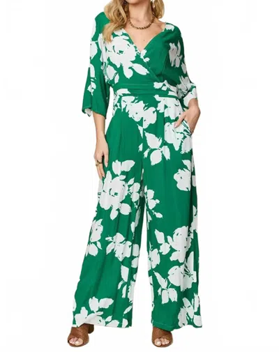 Double Take Full Size Printed Tie Back Wide Leg Jumpsuit In Green