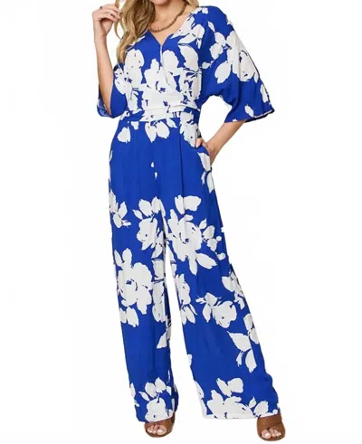 Double Take Full Size Printed Tie Back Wide Leg Jumpsuit In Royal Blue