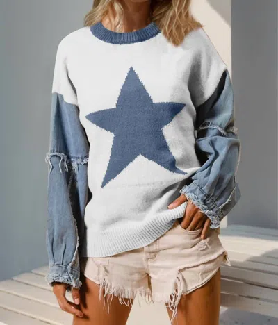 Double Take Full Size Star Pattern Raw Edge Long Sleeve Sweater In White