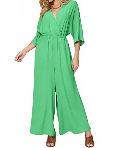 Double Take Full Size Surplice Wide Leg Jumpsuit In Mid Green In Multi