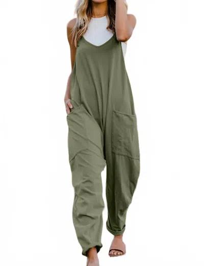 Double Take Full Size V-neck Sleeveless Jumpsuit With Pockets In Army Green