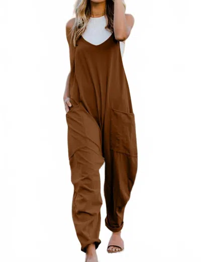 Double Take Full Size V-neck Sleeveless Jumpsuit With Pockets In Coffee Brown In Multi