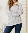 Double Take Snug Cable-knit Hooded Pullover In Light Gray In Multi